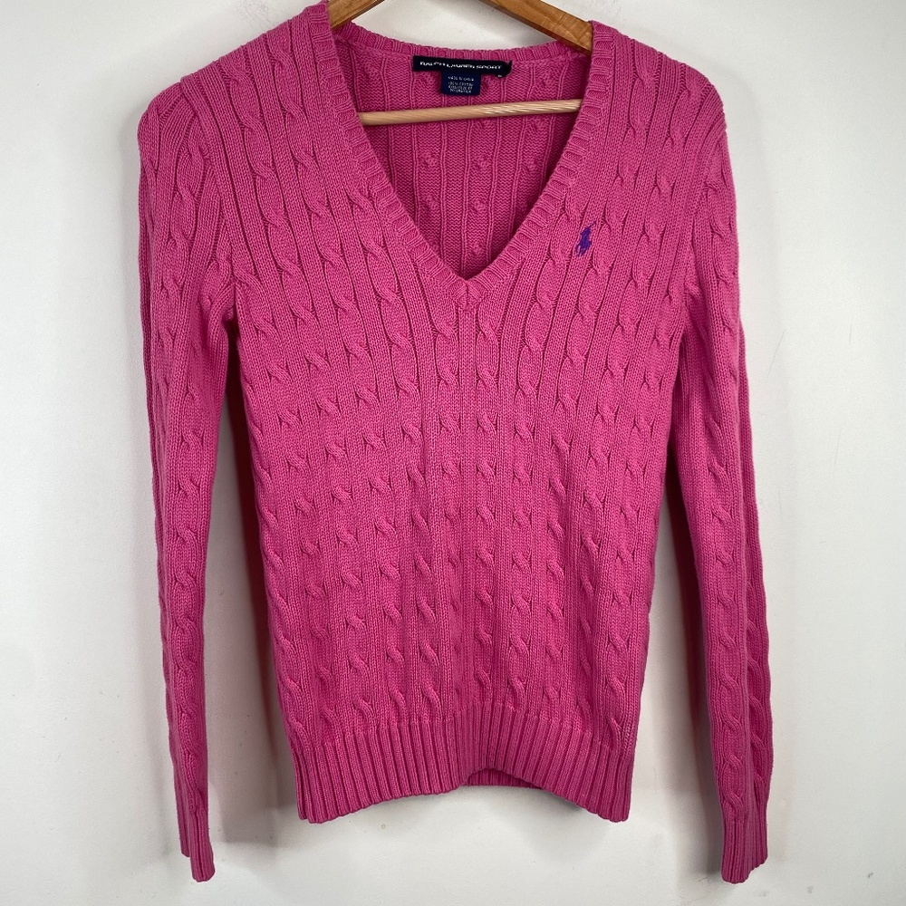 Ralph Lauren Cable Knit Sweater M Pink VNeck Pony Classic Old Money Tennis